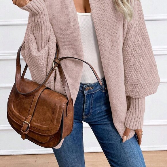 Pink Casual Women's Solid Color Batwing Sleeve Long Sleeve Cardigan - Picture 4 of 4